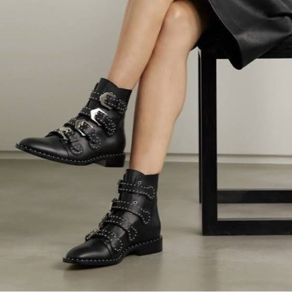 Givenchy Elegant Studded Buckle Ankle Boots - Black Leather, Size 37 / US 7